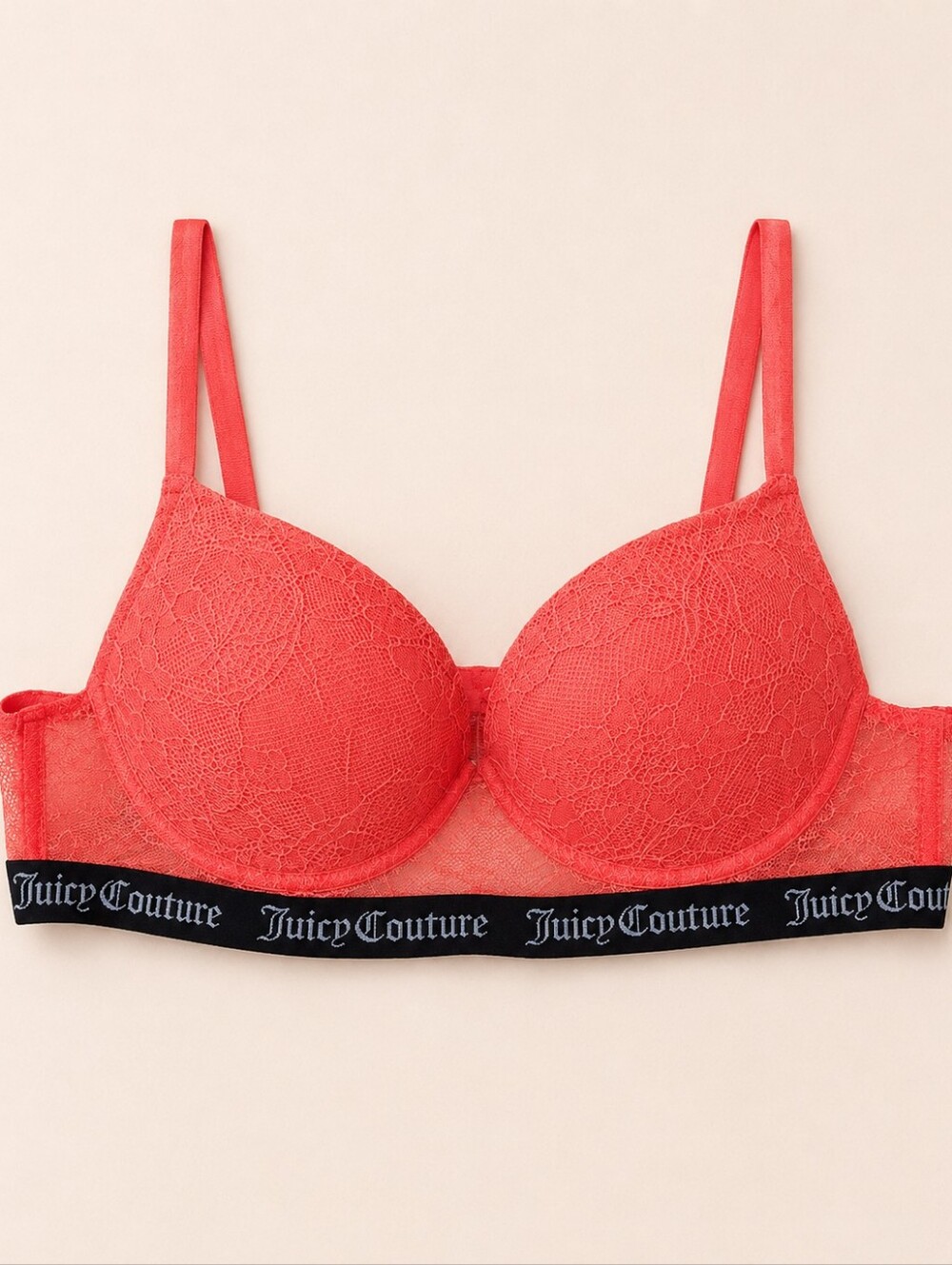 Juicy Couture Lace Push Up Bra Coral Pink Women 34B Black Logo Band Y2K Style